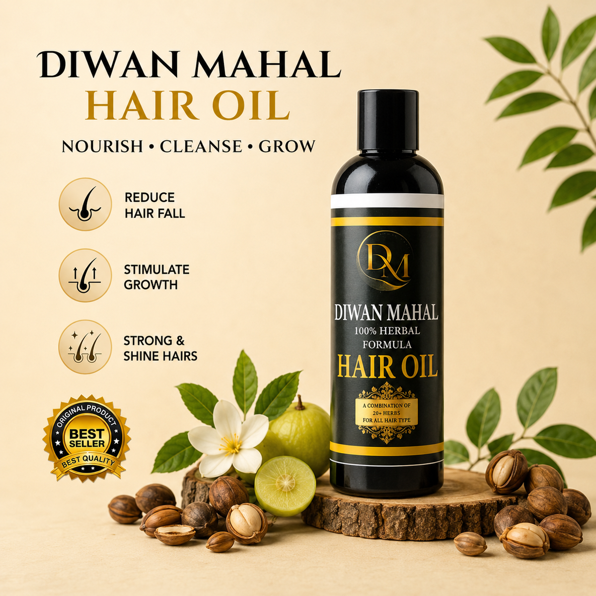A bottle of Diwan Mahal Hair Oil stands on a wood slice surrounded by nutshells, green leaves, and fruit on a beige background. Text on the left reads 'DIWAN MAHAL HAIR OIL' with claims like 'Reduce Hair Fall,' 'Stimulate Growth,' and 'Strong & Shine Hairs,' plus a gold 'Best Seller' badge.