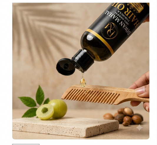 A hand holds a wooden comb under a bottle of Divan Mahal Hair Oil, with a single drop of golden oil dripping onto the comb. The scene is styled with green apples, nuts, and a stone slab on a beige background with leaf shadows.